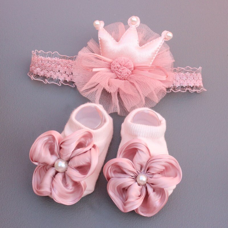 2 Stks/set Babysokjes Hoofdband Set Kant Bows Pasgeboren Meisje Korte Sokken Bloem Kroon Baby Peuter Sokken Haarband Tulband