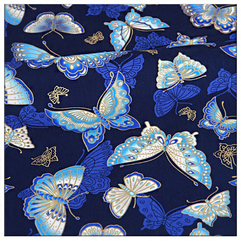 Bomuld bronzing og vind stof japansk kimono håndlavet klud sommerfugl print tøj knus pudebetræk gardin duge stof: Blå