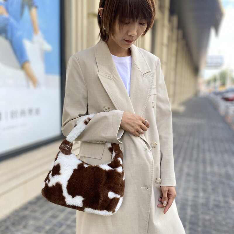 årgang leopardmønster kvinner underarmsveske fuskepels damer hobos små skuldervesker plysj kvinnelige vesker