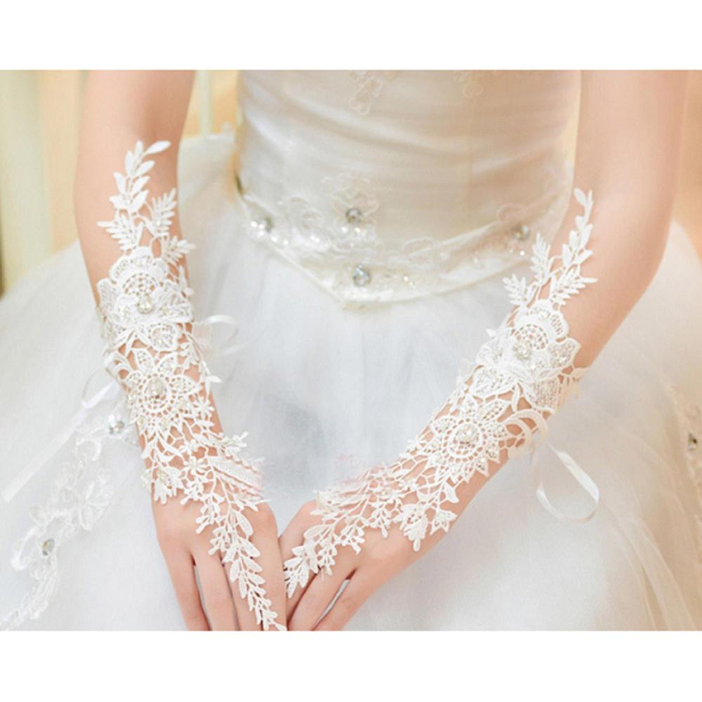 Elfenbein Spitze Braut Finger Handschuhe Frau Lange Hochzeit Handschuhe Kristall Hochzeit Zubehör für Bräute