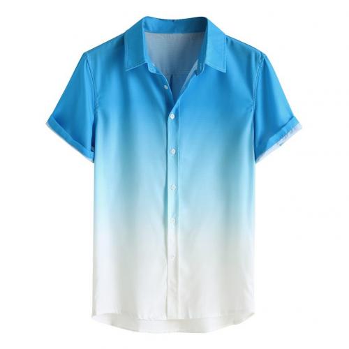 Stijlvolle Mannen Korte Mouw Turn Down Kraag Gradiënt Kleur Print Button Shirt Kleurverloop Print Comfortabel Om Te Dragen Knop: Light Blue / XXL