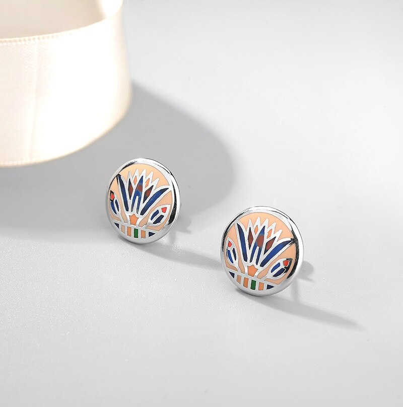 Round Colorful Glass Jewelry set for women Authentic 925 Sterling Silver charms pendant Earrings Party Enamel: Black