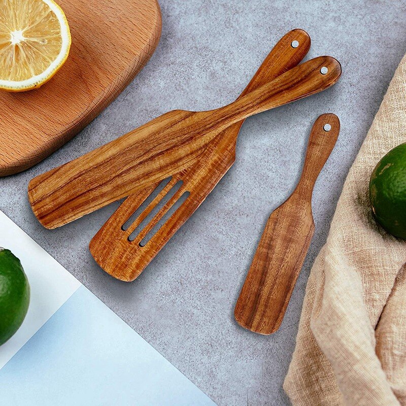 12 Pcs Wooden Spurtle Set, Teak Spurtle Set Heat Resistant Wooden Spatula Cooking Utensils Set Non-Stick Wooden Spoons