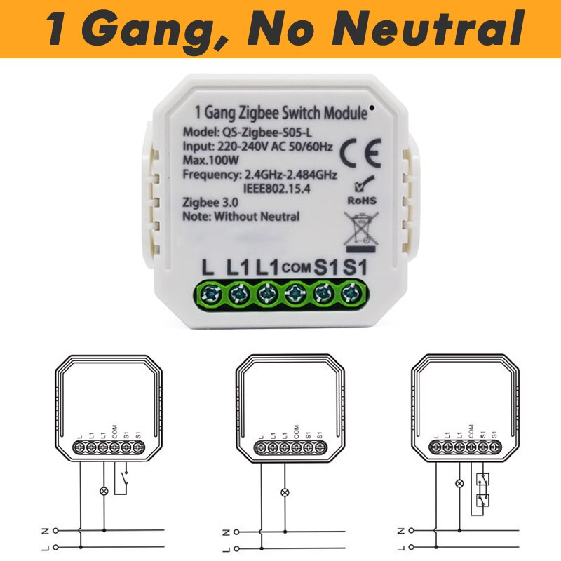 Tuya ewelink zigbee switch modul ingen neutral ingen kondensator, arbejde med tuya hub sonoff zigbee bridge zigbee 2 mqtt alexa google home: 1 bande ingen neutral
