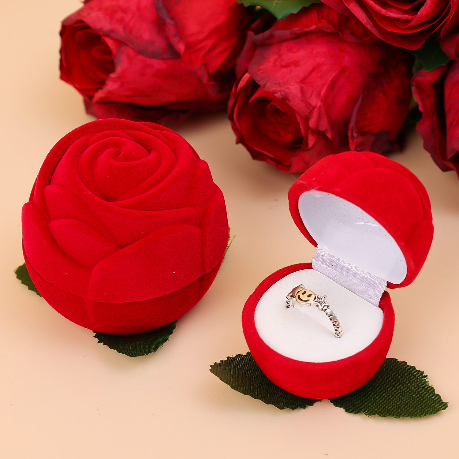 Flocking rose blomst ringæske smykker halskæder øreringe organizer vielsesringæske disk display emballage valentinsdag