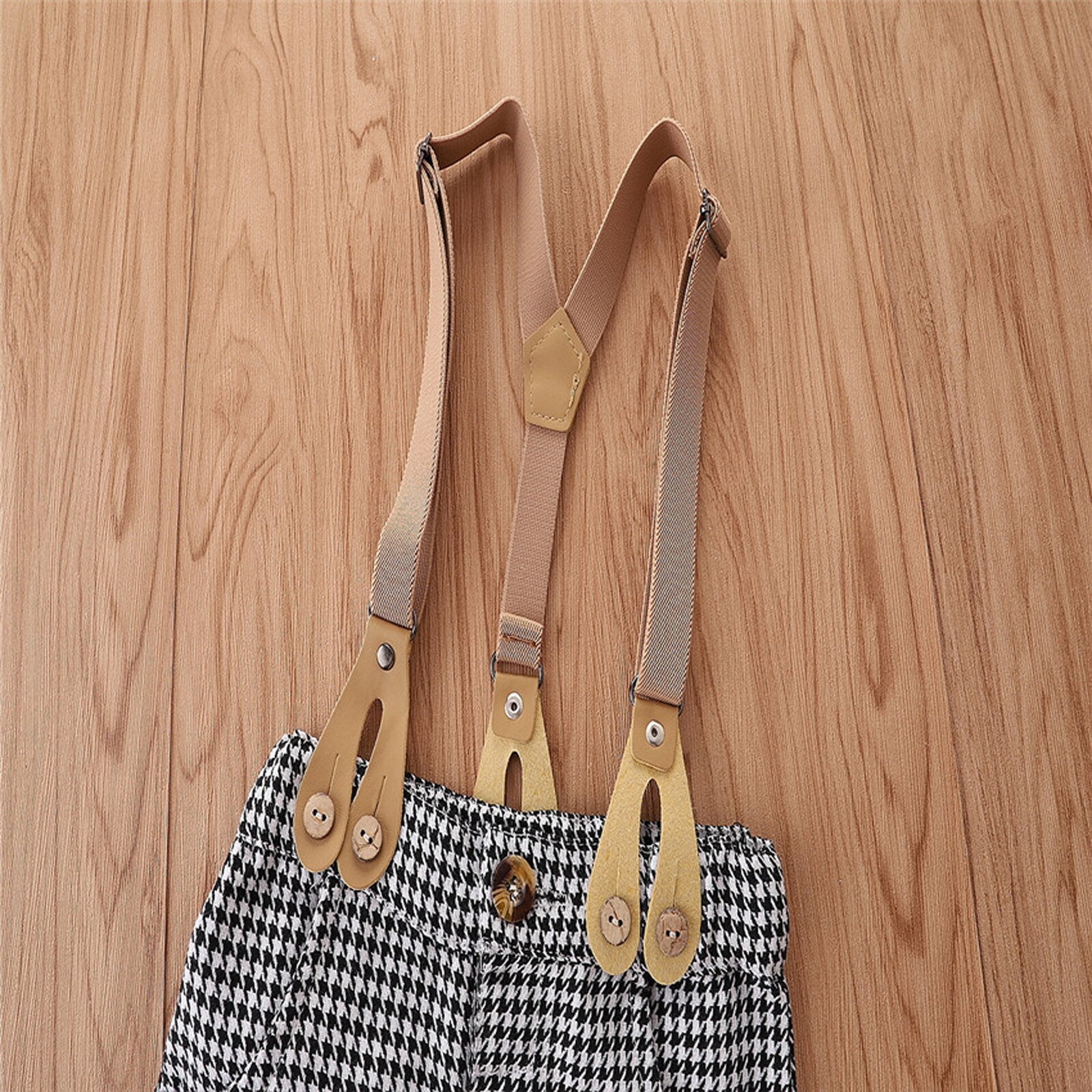 2 Pcs Infant Houndstooth Print Outfits Baby Boy Button Down Short Sleeve Lapel Bowknot Shirt + Suspender Pants with Pocket 6M-4T