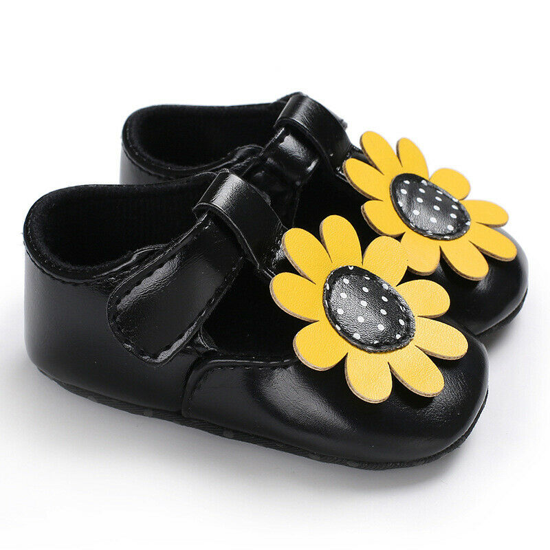 Newborn Baby Girl Sandals Leather Shoes Sunflowers Cute Shoes: Black / 0-6 Months