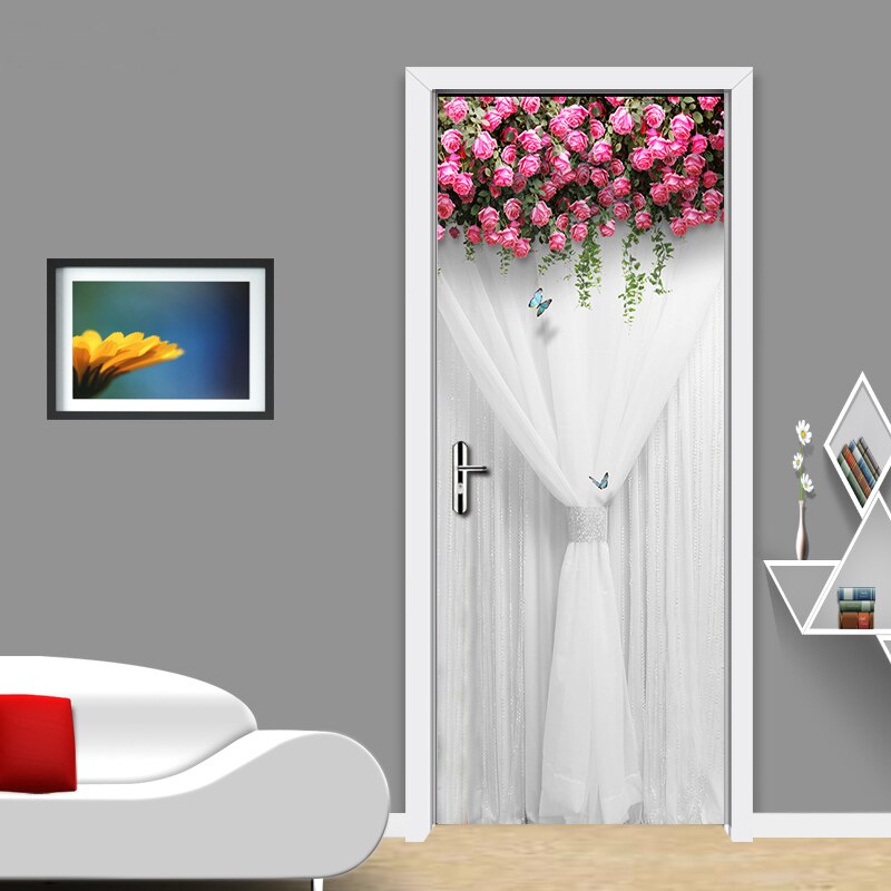 DIY Self-adhesive Tür Aufkleber PVC Wandbild Rosa Blumen Weiß Silk Hochzeit Wohnzimmer Schlafzimmer Wasserdichte Tür Dekoration Tapete