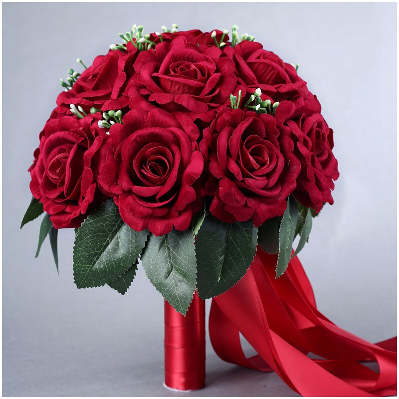 Bouquet de fleurs pour mariée, 15 pièces, rouge chinois, , fleur à main pour demoiselle d&#39;honneur, avec accessoires de ruban, Rose: Wine Red