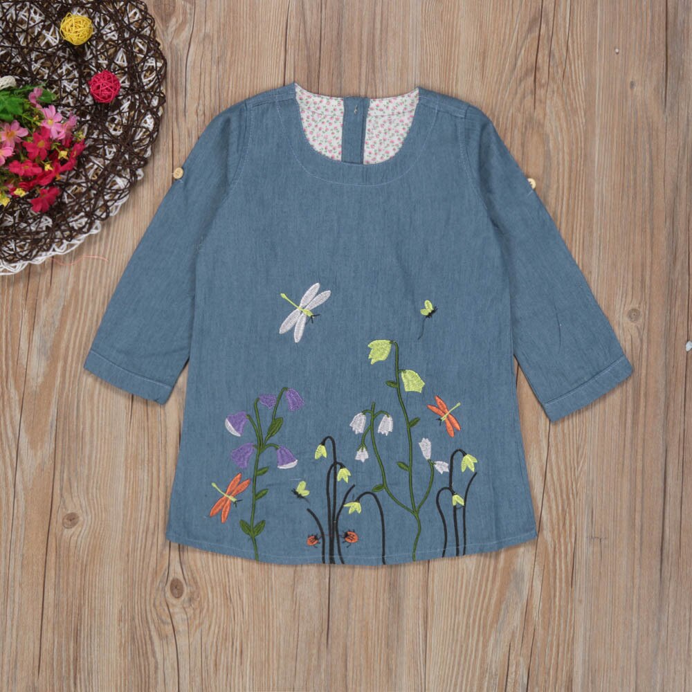Mode Baby Kids Meisjes Korte Mouw Bloem Borduren Denim Prinses Jurken Peuter Meisje Zomer Kleding Hoge