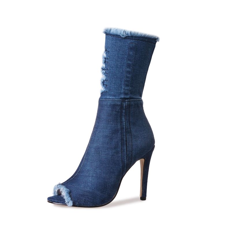 Asumer denim støvler kvinder stiletto høje hæle ankelstøvler lynlås peep toe forår sommer støvler damer sko kvinde størrelse 43: 4