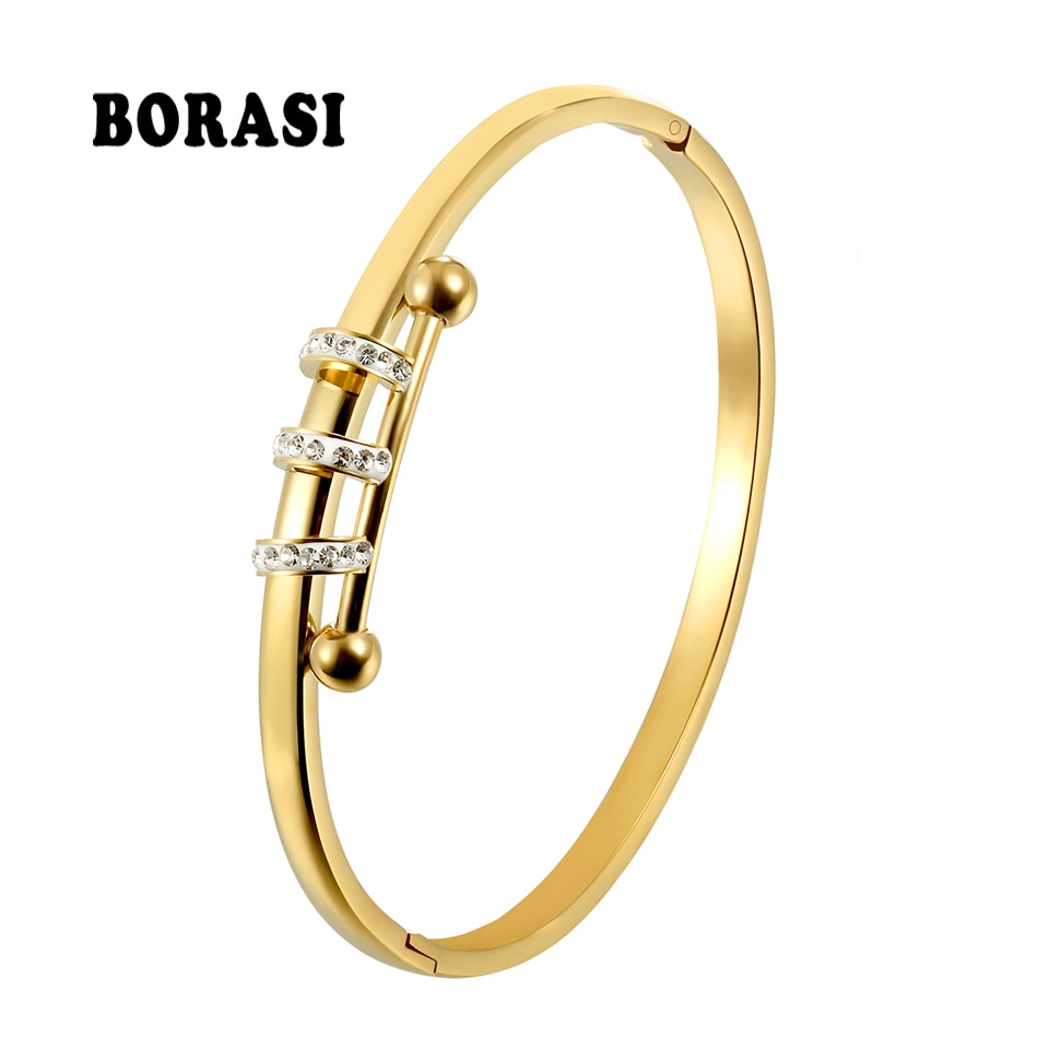 BORASI Drie Cirkel Kristallen Armbanden & Bangles Charm Rvs Sieraden Vrouw Armband Goud-Kleur Zirconia Bangle