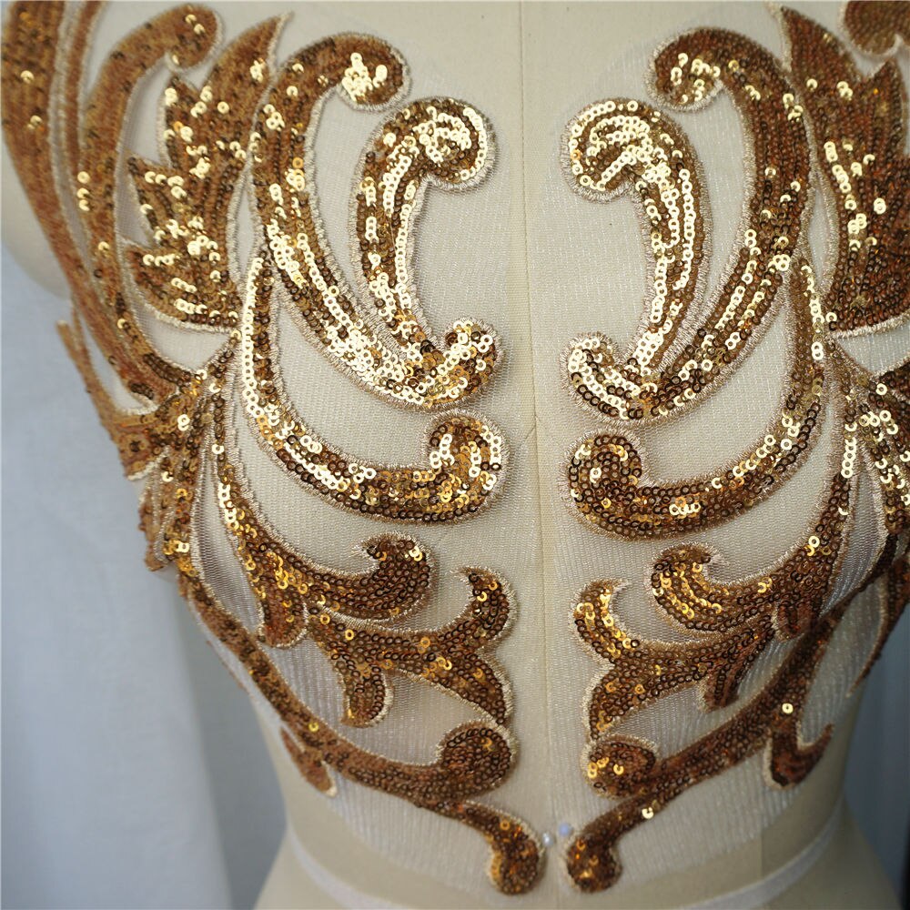 1 set 42cm guld paljetter spets tyg applikationer sy på lappar mesh bröllopsdekoration handgjorda broderier för brudens aftonklänning