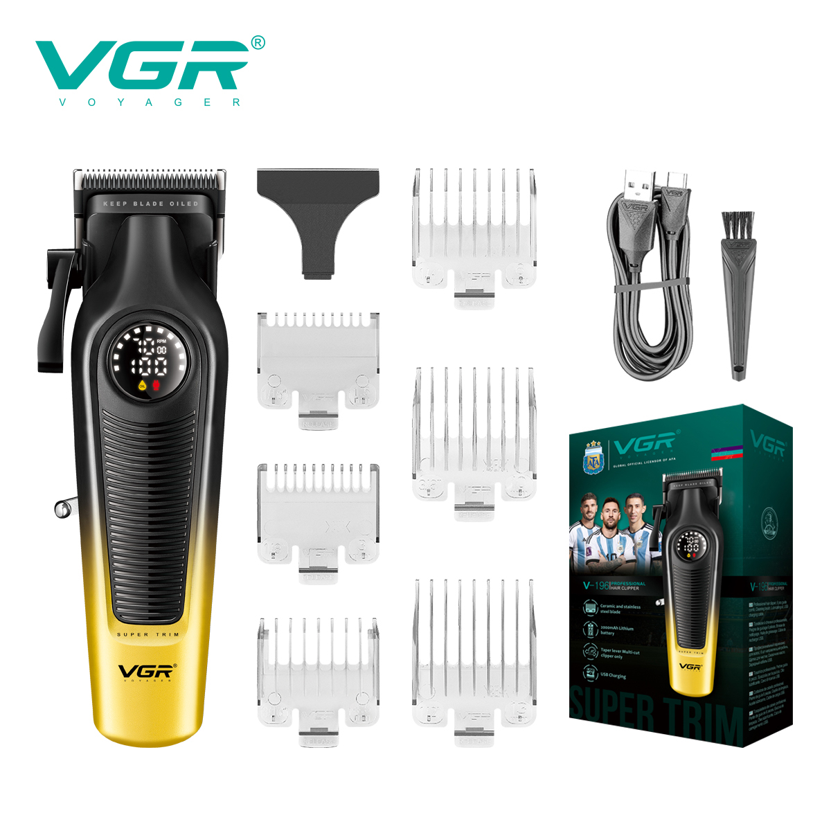 VGR 196 gradient color men's hair trimmer, high-end hair trimmer, intelligent digital display, electric hair clipper, home elect: Yellow