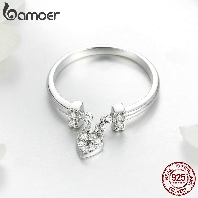 BAMOER Genuine 925 Sterling Silver Love Heart Lock Luminous CZ Wedding Rings for Women Sterling Silver Jewelry SCR466