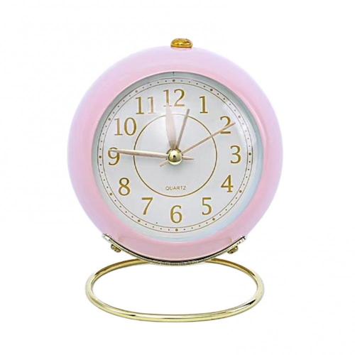 Mini Cute Desktop Metal Round Alarm Clock Night Light Home Bedroom Decoration: Pink