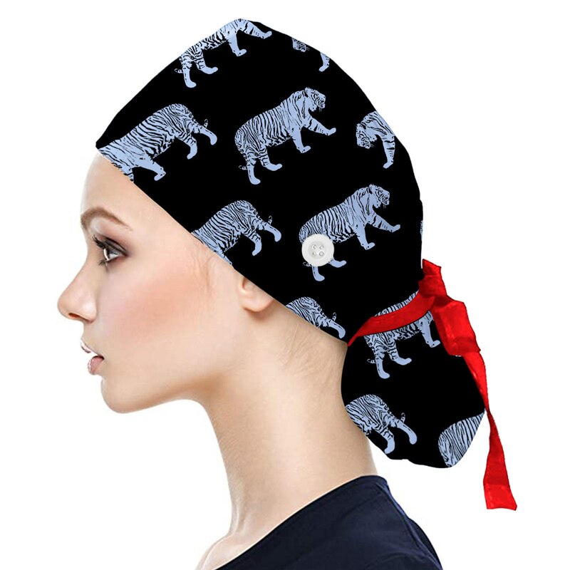 Gorro de algodón con botones para hombre y mujer, estampado, accesorios para uniforme de enfermera, tienda de mascotas, gorro quirúrgico para trabajo de laboratorio de Chef
