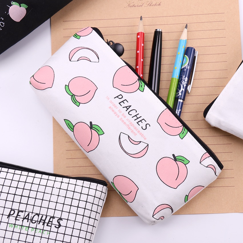Estuche de lona para lápices de frutas y melocotón, estuches de lápices Escolar para niña, papelería, bolsa de lápices de lona, material Escolar