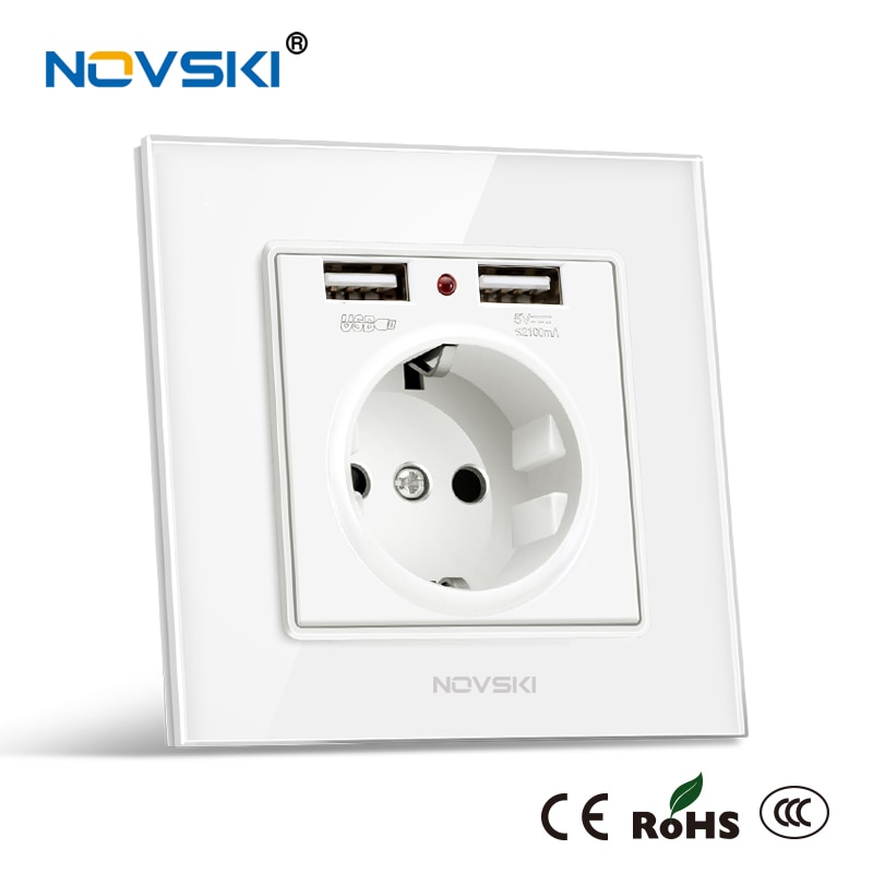 NOVSKI Pop Socket, USB-разъем 220, Electrical German Outlet, 2.1A Dual USB Charging Port with Soft LED Indicator