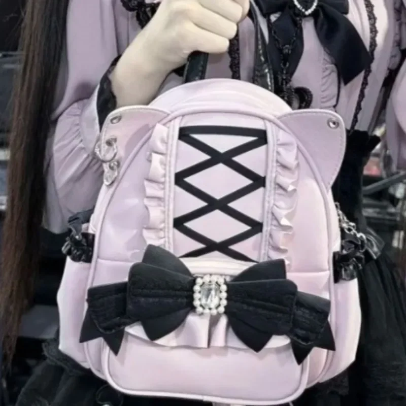 Koronkowy plecak szkolny z kocimi uszami Japonia Lolita Ita Mochila Słodki wielki Pojemność Mochilas Mujer 2025 Nowy łuk kobiety torby student plecak