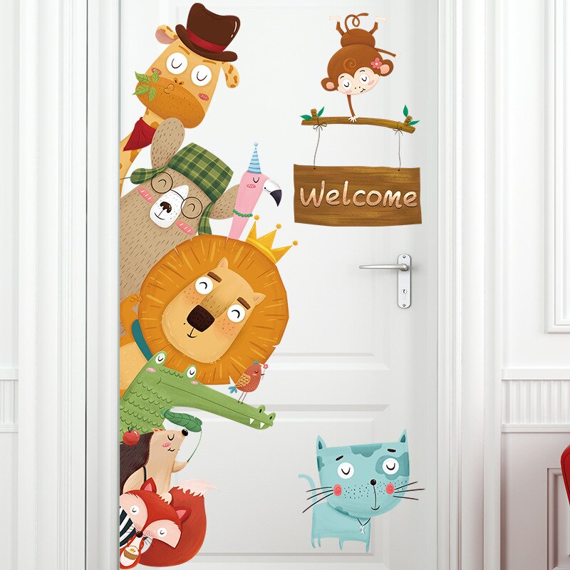Tofok Cartoon Giraffe Lion Door Sticker Cartoon Zoo Children Room DIY Nursery Wall Decorative Sticker Home Window Fridge Decals