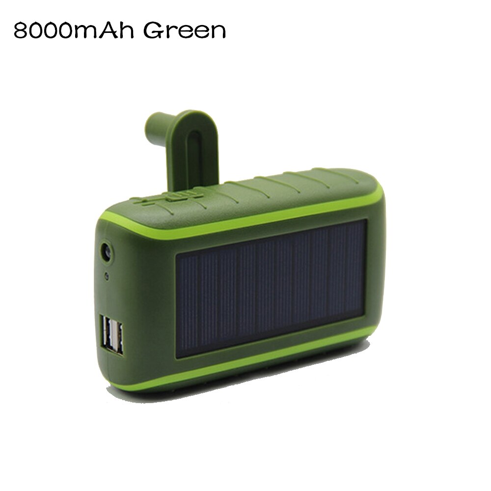 Solar Hand Crank Power Bank For Samsung S10 Waterproof Solar LED Portable Dual USB PowerBank 6000/8000mAh External Battery Pack: 8000mAh Green