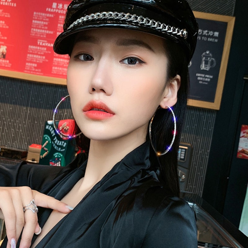 Raexrage 30-100mm Hoops Earrings With Rhinestone Circle Crystal Earrings Big Basketball Wives CZ Hiphop Earrings Women