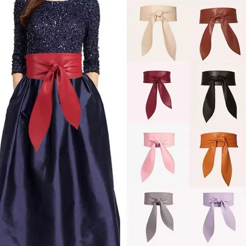 Frauen Schnürgürtel, eleganter Schleifengürtel, lang, schwarz, weiches Leder, breiter Bund, Schleife, Kummerbund, Krawatten, Schleife, Damenkleid, Dekoration