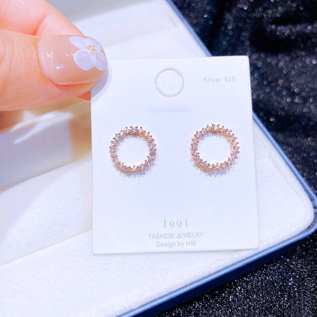 Boucles d'oreilles rondes géométriques en argent 925 pour femmes, nouvelle délicate, aiguille en cristal strass, beaux bijoux de fête