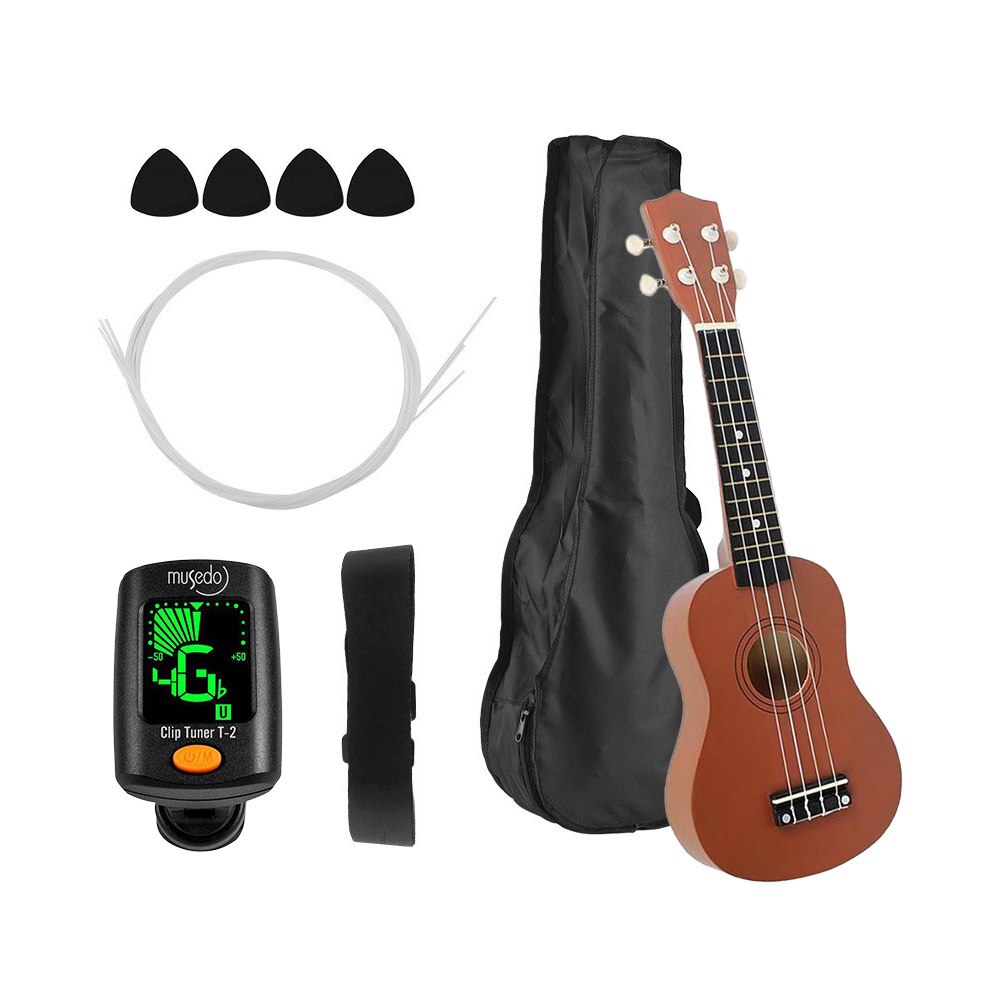Sopran ukulele 21 ukulele sort basswood 4 strenge uke hawaii bas strenge musikinstrument sæt sæt+tuner+streng+rem+taske: Rød