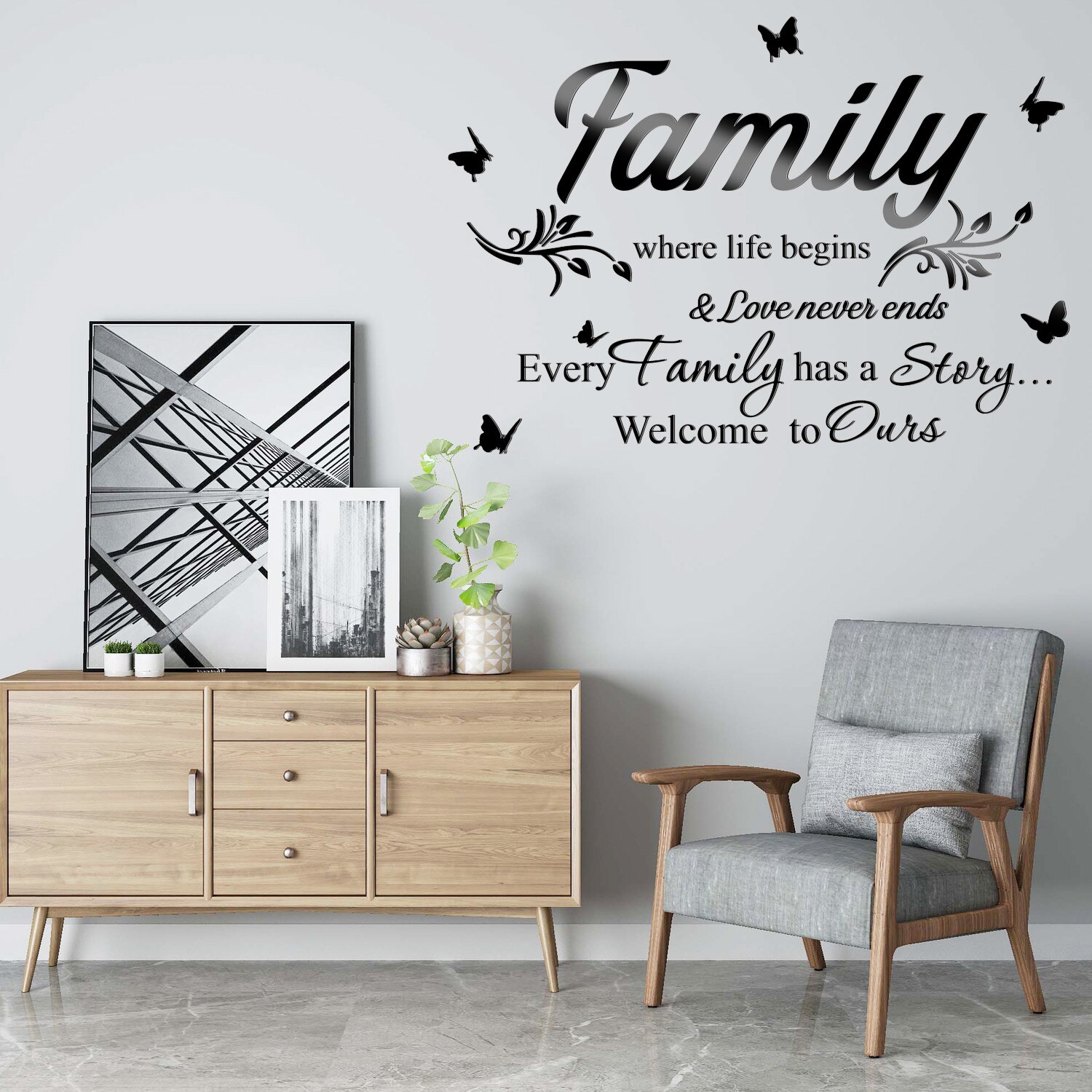 3D Acrylic Mirror Wall Decor Stickers Removable Black Family Letter Wall Stickers DIY Butterfly Mirror Stickers Wall Art Decals