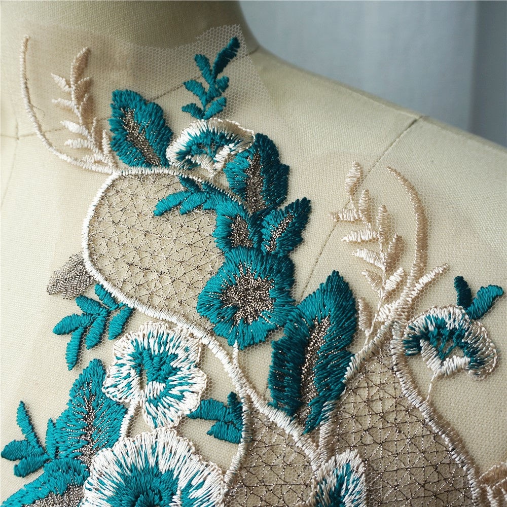 2 stk grøn blonder stof broderet blomsterkjole applikationer trim klassisk krave mesh sy patches til bryllup dekoration kjole diy