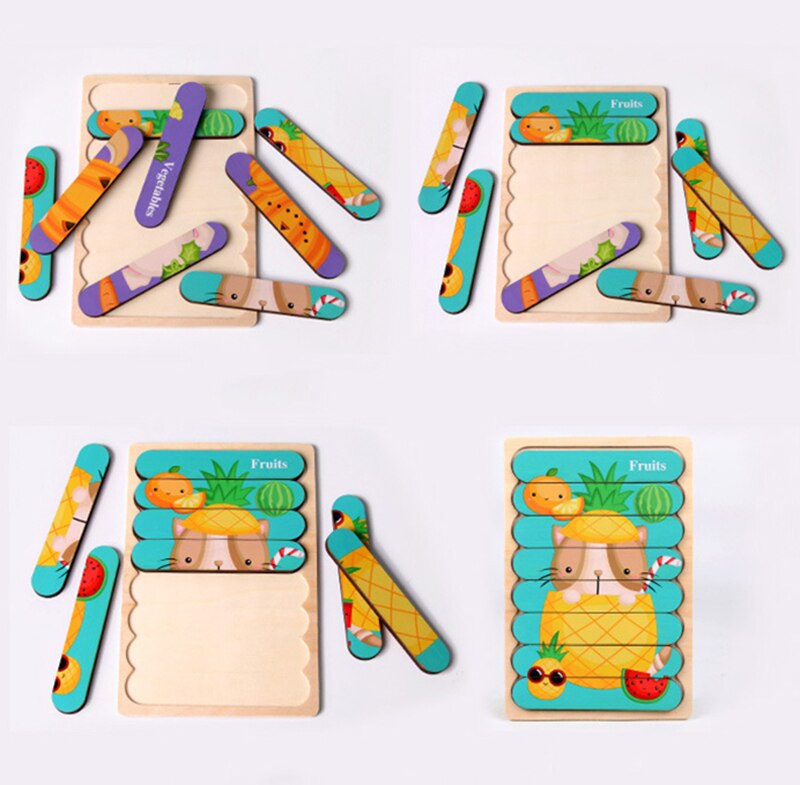 Kids Animal 3D Wooden Puzzle Montessori Toy Double-sided Strip Puzzle Telling Story Stacking Jigsaw Educational Toy For Children