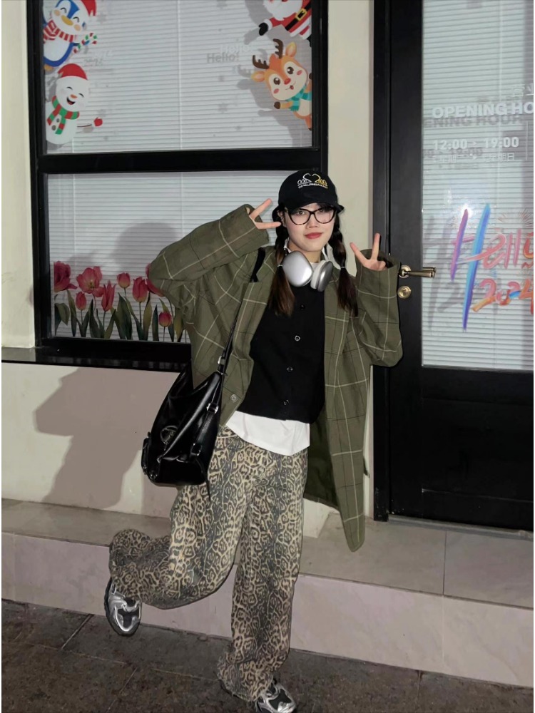 Kvinna vintage överdimensionerade vida jeans flickor hög midja punkkläder byxor dam leopardmönster harajuku baggy byxor