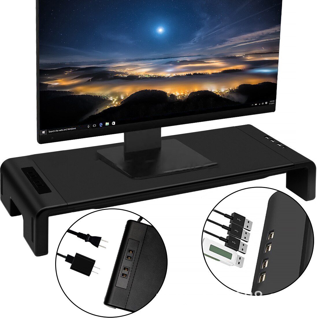 Soporte elevado para Monitor, caja de almacenamiento plegable con cajón para auriculares, carga USB: KM05