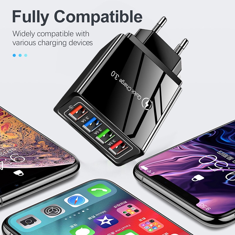 XEDAIN EU/US 4 Port USB Charger Quick Charge Mobile Phone Wall Chargers Cable for iphone X XR Huawei Xiaomi Samsung