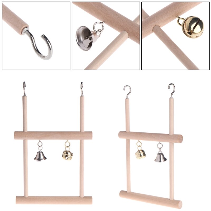 Fåglar abborre papegoja leksaker ställning hållare naturligt trä swing bell bur hängande stege