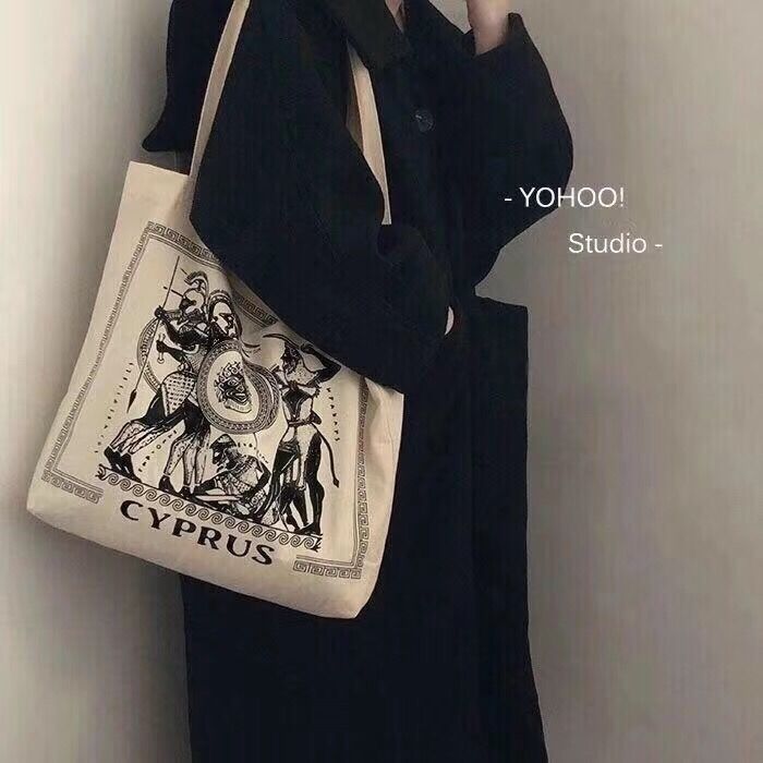 YOHOO! /Retro Greece Illustration CHIC Korean-style Versatile One Shoulder Canvas Bag Vintage Shopping Bag Female Students INS: Greece Illustration   Zipper Style