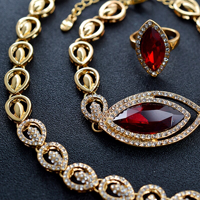 Sunny joyería Vintage de circonia cúbica roja para mujer, conjunto de joyería nupcial, collar de gota de agua de boda, pendientes, anillo, pulsera
