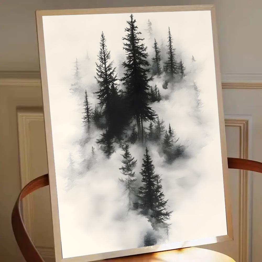 Zelfklevende poster met schilderij en prints voor slaapkamer en woonkamer, minimalistische zwart-wit berglandschap met bomen en kraaien.