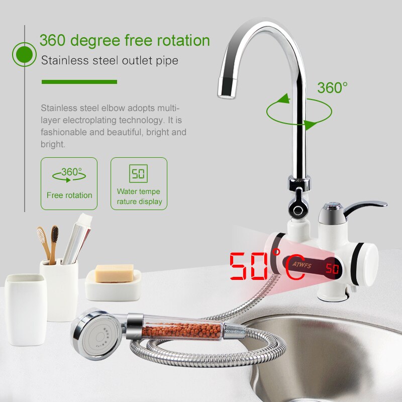 ATWFS Instant Water Heater Faucet Electric 220v Bathroom Shower Heater Anion Shower Head Heating