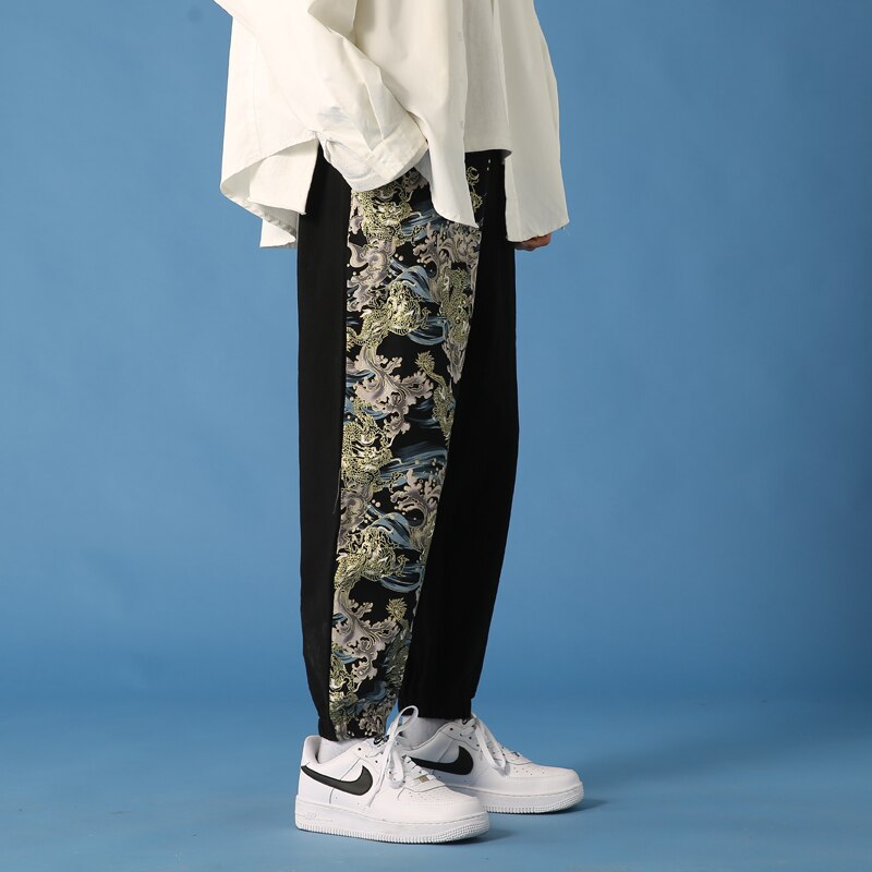 Męskie letnie japońskie spodnie haremowe w stylu narodowym patchworkowe biegaczy w stylu chińprzejrzeć plus rozmiar spodnie robić biegania męskie spodnie