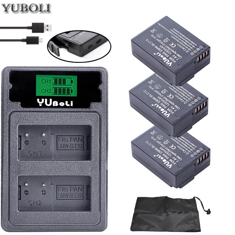 Bateria DMW-BLC12 BLC12E BLC12PP DMW BLC12 baterías + cargador Dual para Panasonic Lumix FZ1000,FZ200,FZ300,G5,G6,G7,GH2,DMC-GX8: charger and 3battery