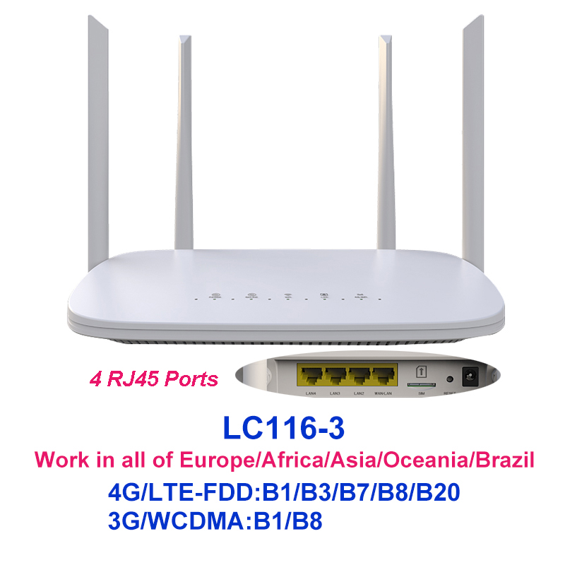 Tianjie 4g router lte z modemem wi-fi, 4 rj45 portami o dużej prędkości, czterema zewnętrznymi antenami 5 dbi i gniazdem na kartę sim, funkcja plug and play.: Srebrny