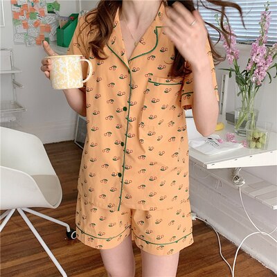 cute cherry summer pajamas set lapel collar blouses shorts 2 piece set women sleepwear home clothes cotton homewear ins Y530: yellow