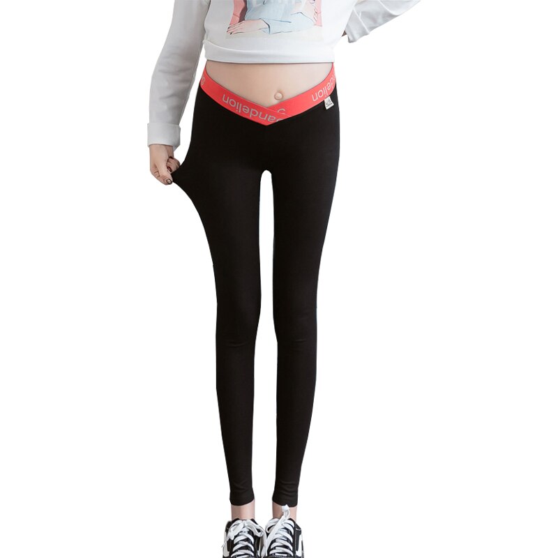 V Shape Low Waist Stretch Pure Cotton Pregnant Leggings Maternity Clothes Bottom: Black / L