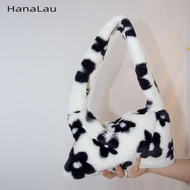 Winter Ladies Underarm Shoulder Bag Soft Plush Women Hobos Handbags Flower Pattern Female Faux Fur Crossbody Bags Purse