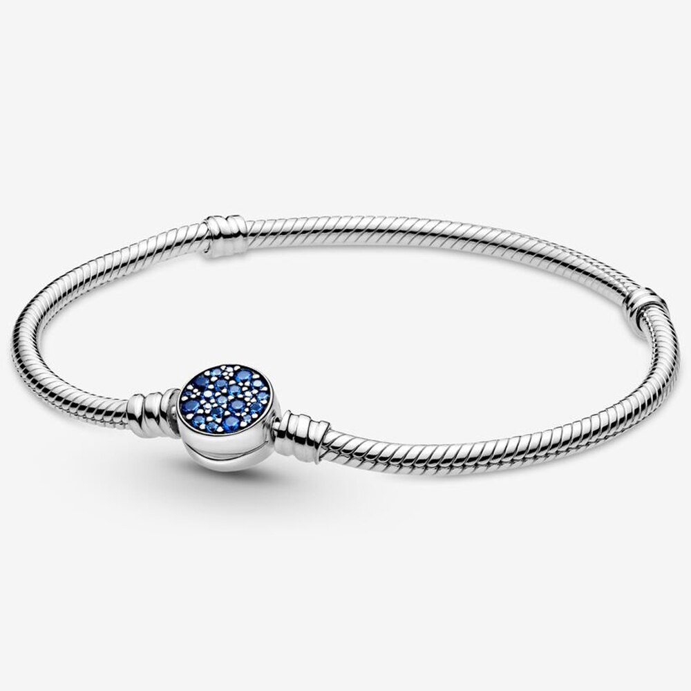 Handgemaakte 925 Sterling Zilver Sparkling Pave Blauw Disc Gesp Bedelarmband Mode Basic Armband