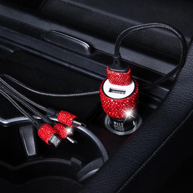 Cargador USB Dual para coche, accesorio para teléfono móvil, tableta, GPS, Cable de diamante de cristal, encendedor de cigarrillos, con Cable USB para teléfono: Red Charger