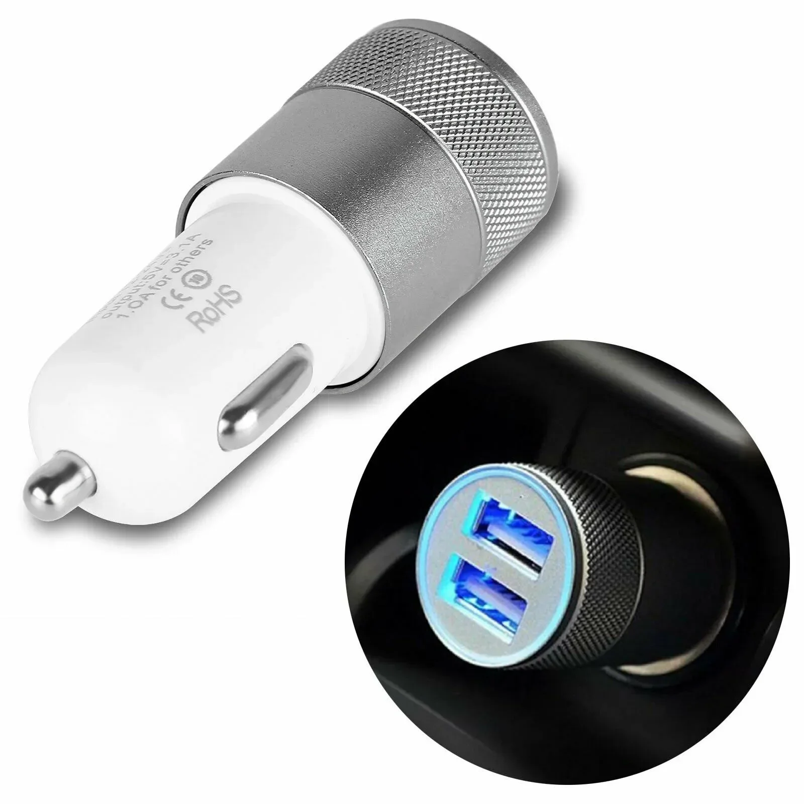 Autolader 2-poorts dubbele USB-aansluiting Aanstekeradapter Snelle oplader Universele zilveren dubbele USB-autoladeraccessoires
